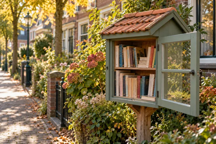 Sfeerbeeld van een groene minibibliotheek met boeken in een zonnige voortuin