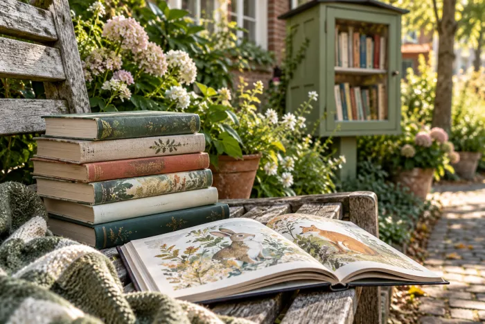 Sfeerbeeld van boeken en een open prentenboek op een tuinbank